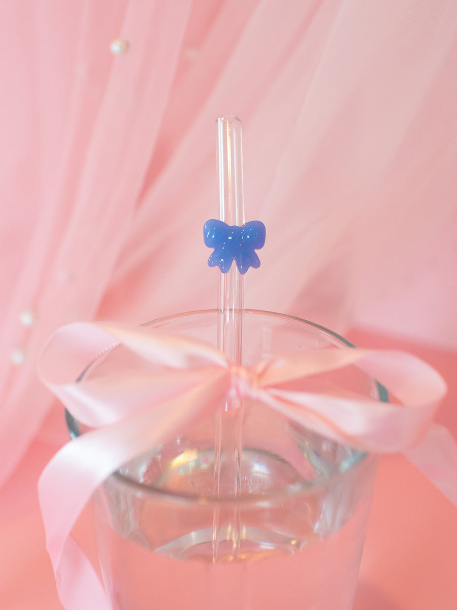 Reusable Glass Charm Straw- Blue Bow