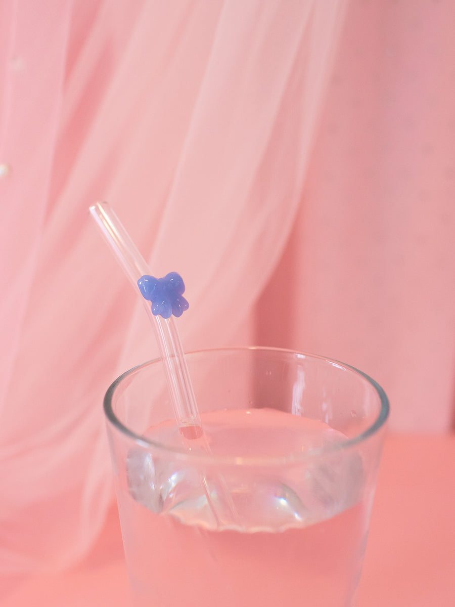 Reusable Glass Charm Straw- Blue Bow