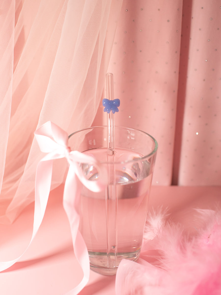 Reusable Glass Charm Straw- Blue Bow