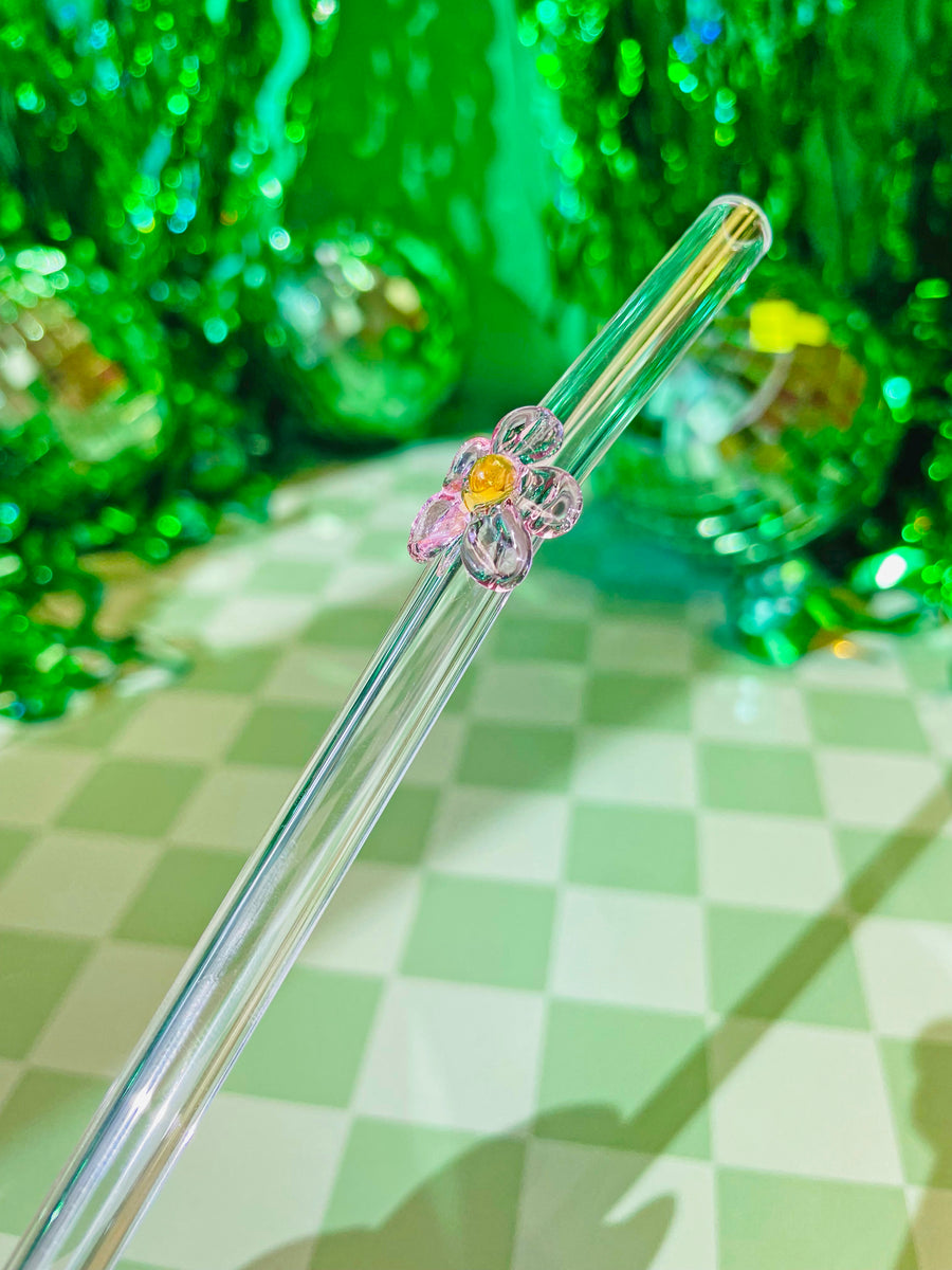 Reusable Glass Charm Straw - Pink Flower