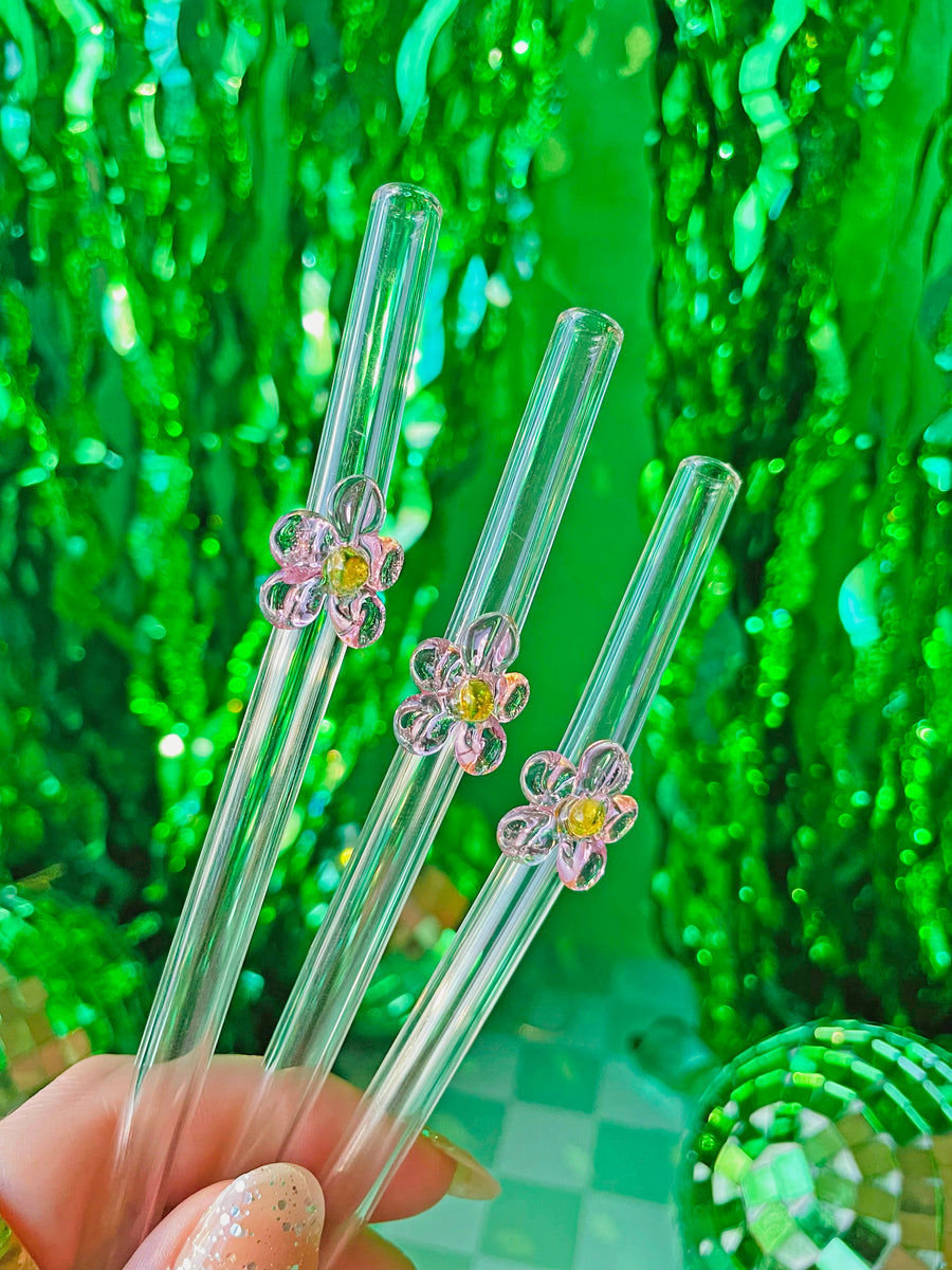 Reusable Glass Charm Straw - Pink Flower